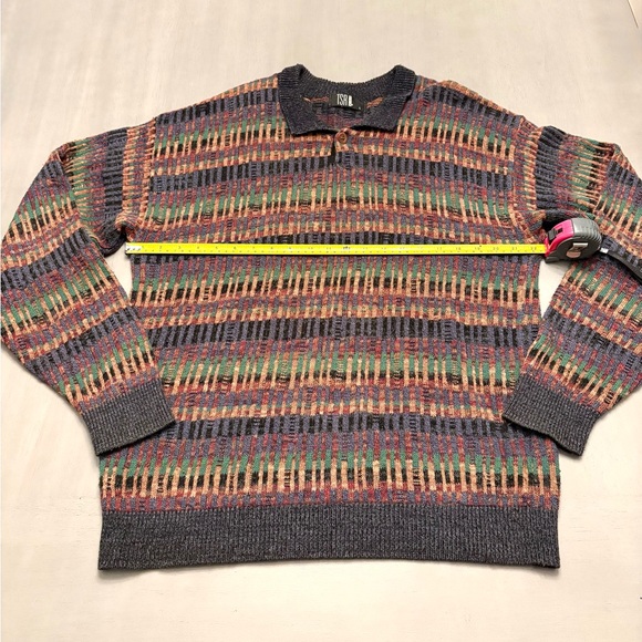 Vintage TSR Grandpa Sweater Eclectic Brown Green Collared Geometric Knit USA 80s - Picture 9 of 12